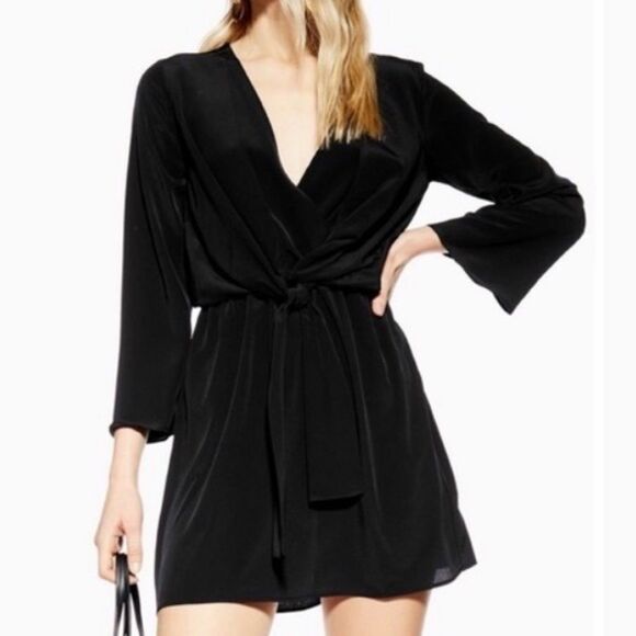 TOPSHOP Tiffany Knot Black Long Sleeve V-neck Mini Dress - Picture 10 of 11